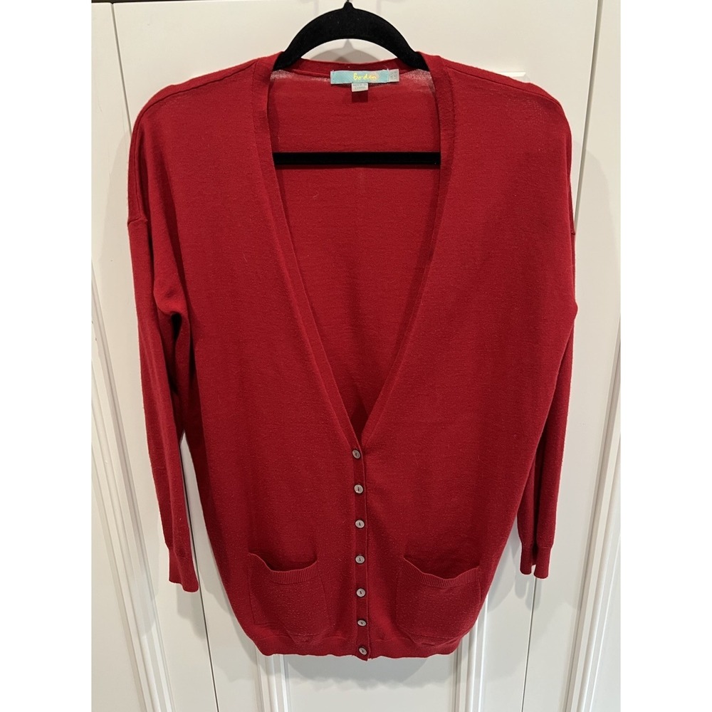 Boden Red 100% Wool Lightweight Cardigan Sweater Button‎ Up Preppy Minimalist